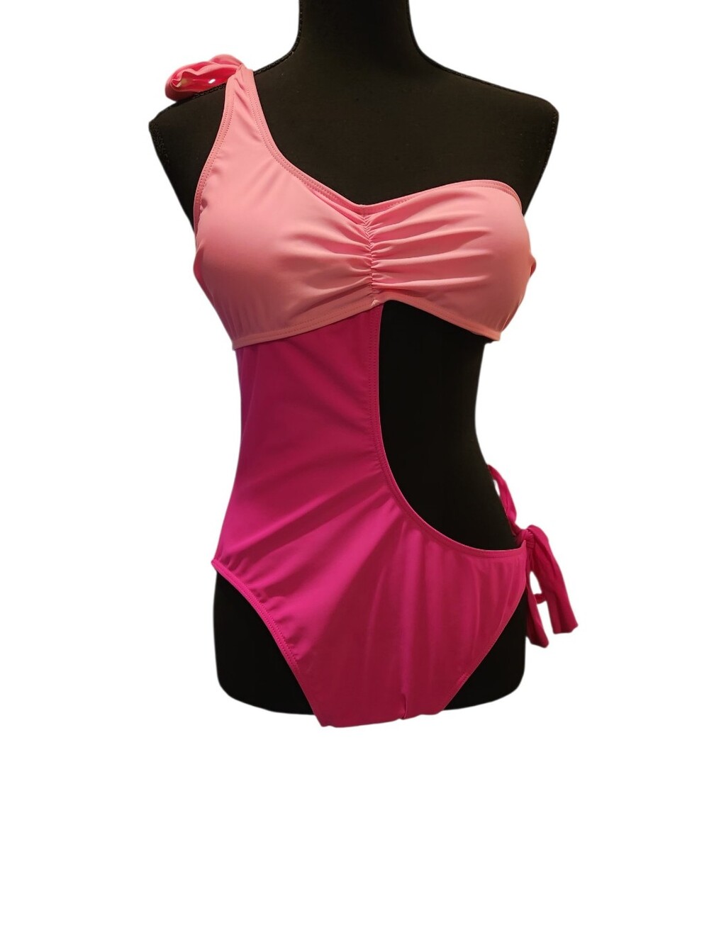 One-Shoulder Pink Colorblock Cutout Swimsuit
